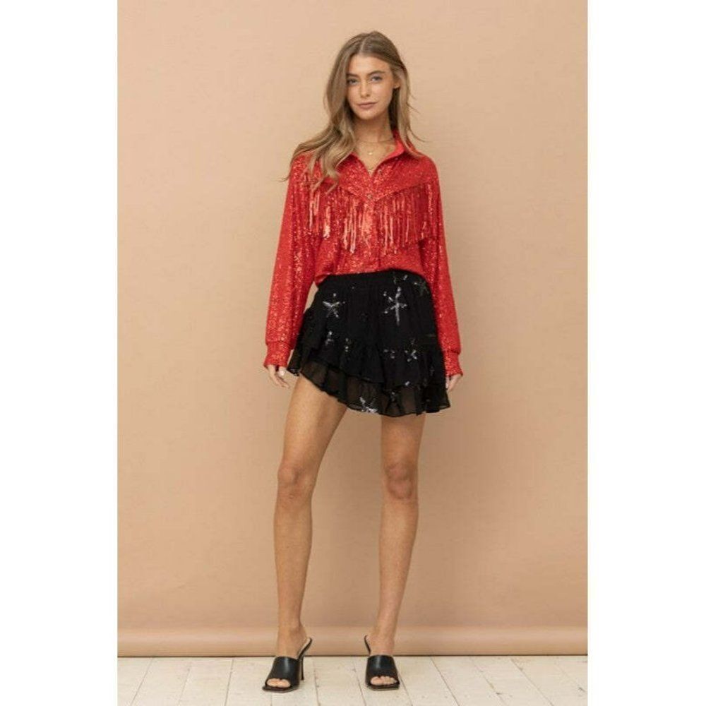 Texas Hold'em Red Sequin Fringe Western Button Up Top Vegas Party Shirt 32377T - Picture 10 of 11
